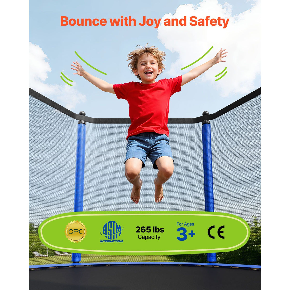 Outdoor Trampoline, 8FT Round Recreational Trampoline with Enclosure Net, ASTM Approved, Heavy Duty Trampolines, Max 265 lbs Weight Capacity, Anti-Rust Backyard Trampolines for Kids & Adults