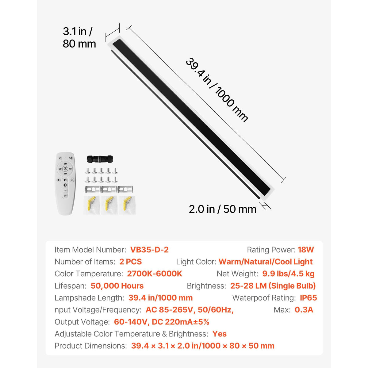 Outdoor Wall Lights, 2 Pack, 39.4 Inch Long Strip Modern Exterior Wall Sconce Light Fixtures, 2700K-6000K, IP65 Waterproof Anti-Rust, Dimmable Outside Wall Mount Lighting, for House Porch Garage