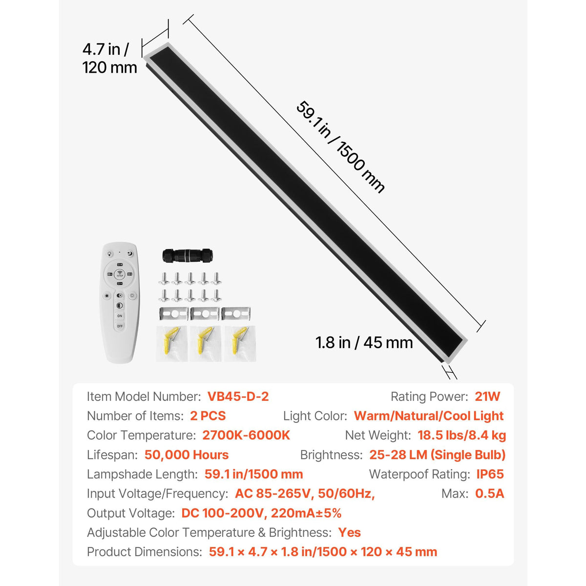 Outdoor Wall Lights, 2 Pack, 59.1 Inch Long Strip Modern Exterior Wall Sconce Light Fixtures, 2700K-6000K, IP65 Waterproof Anti-Rust, Dimmable Outside Wall Mount Lighting, for House Porch Garage