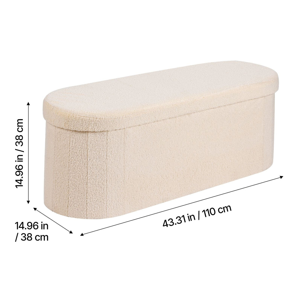 Oval Storage Ottoman Bench, Foldable Teddy Fleece End of Bed Bench, Folding Upholstered Bed Ottoman Chest with Large Storage Space, Supports 660 lbs, for Living Room, Bedroom, Entryway, Beige
