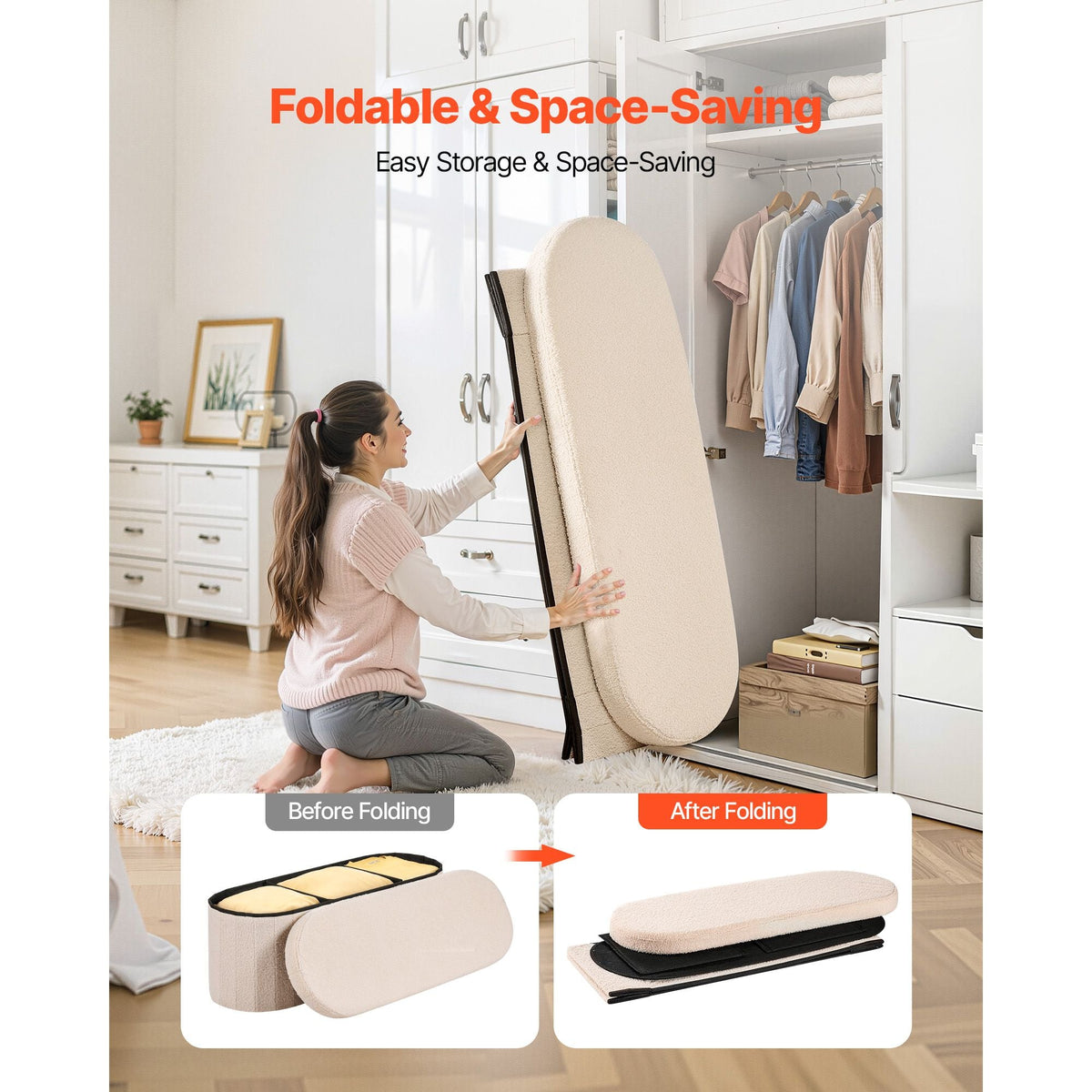 Oval Storage Ottoman Bench, Foldable Teddy Fleece End of Bed Bench, Folding Upholstered Bed Ottoman Chest with Large Storage Space, Supports 660 lbs, for Living Room, Bedroom, Entryway, Beige