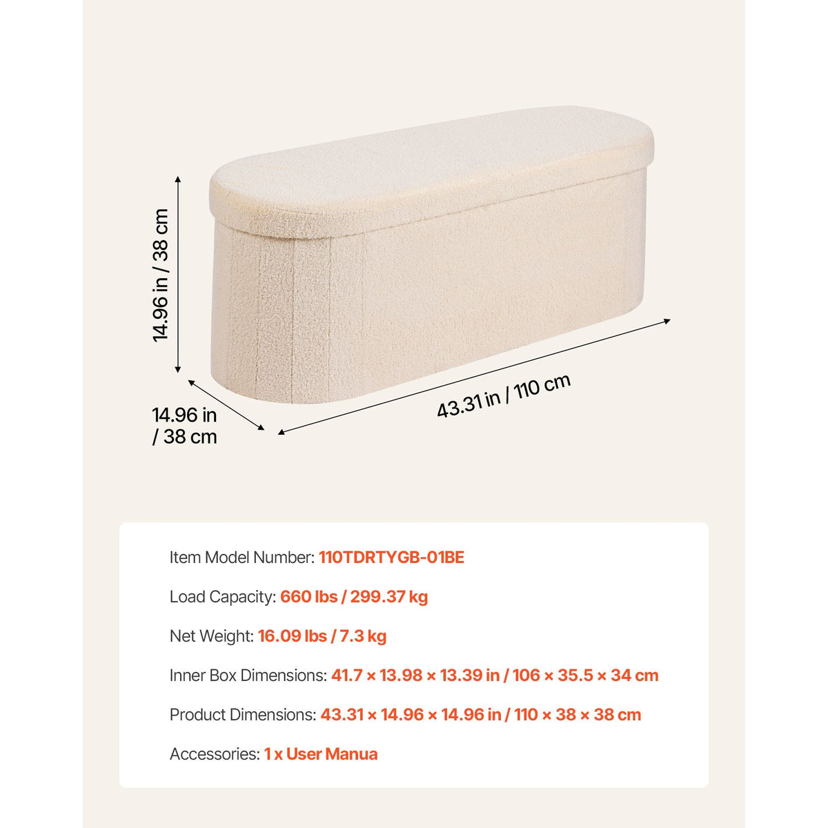 Oval Storage Ottoman Bench, Foldable Teddy Fleece End of Bed Bench, Folding Upholstered Bed Ottoman Chest with Large Storage Space, Supports 660 lbs, for Living Room, Bedroom, Entryway, Beige