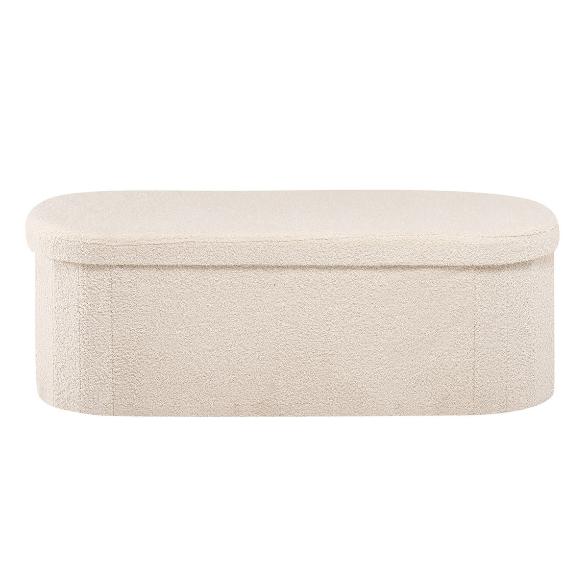 Oval Storage Ottoman Bench, Foldable Teddy Fleece End of Bed Bench, Folding Upholstered Bed Ottoman Chest with Large Storage Space, Supports 660 lbs, for Living Room, Bedroom, Entryway, Beige