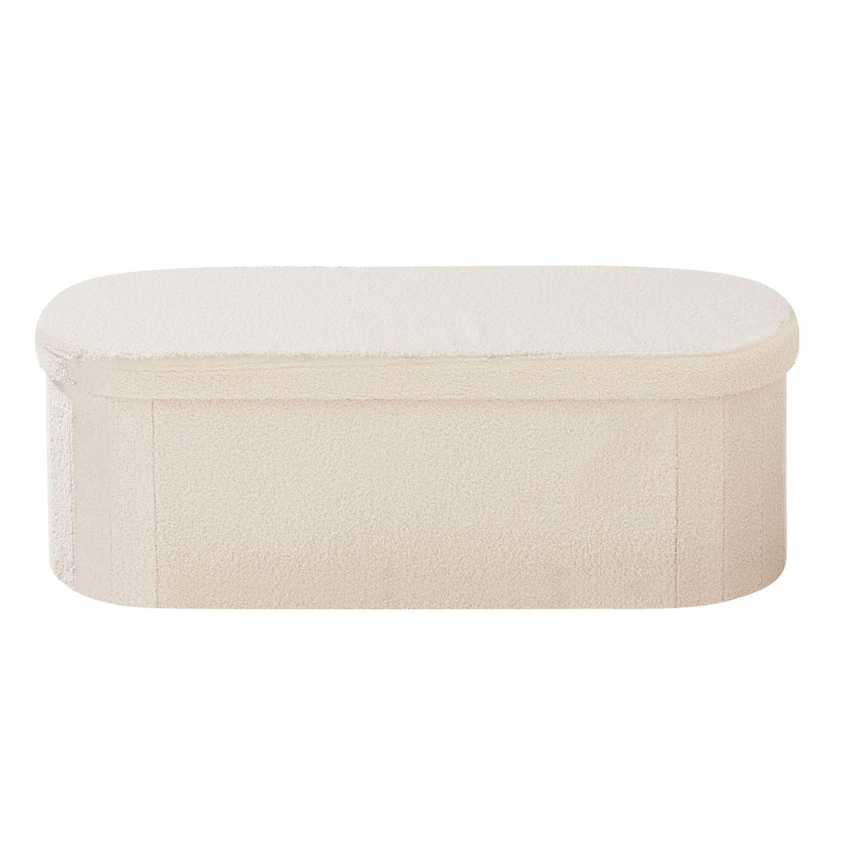 Oval Storage Ottoman Bench, Foldable Teddy Fleece End of Bed Bench, Folding Upholstered Bed Ottoman Chest with Large Storage Space, Supports 660 lbs, for Living Room, Bedroom, Entryway, Beige