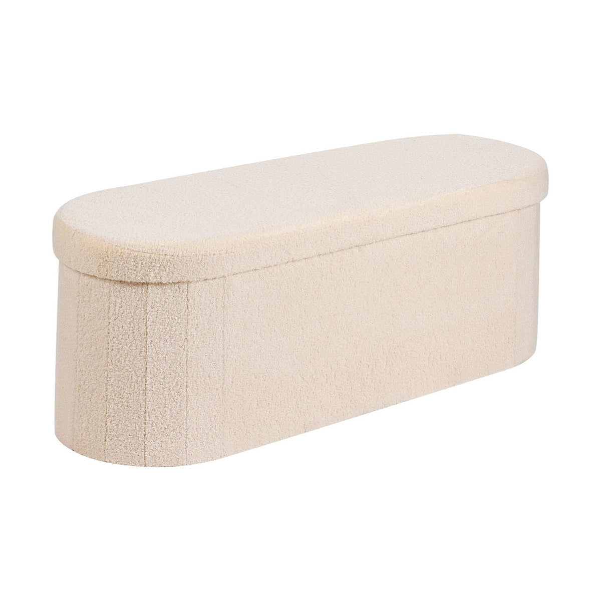 Oval Storage Ottoman Bench, Foldable Teddy Fleece End of Bed Bench, Folding Upholstered Bed Ottoman Chest with Large Storage Space, Supports 660 lbs, for Living Room, Bedroom, Entryway, Beige