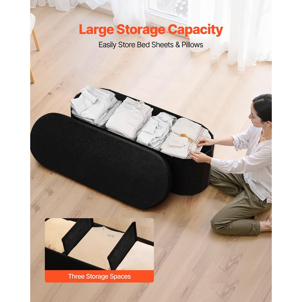 Oval Storage Ottoman Bench, Foldable Teddy Fleece End of Bed Bench, Folding Upholstered Bed Ottoman Chest with Large Storage Space, Supports 660 lbs, for Living Room, Bedroom, Entryway, Black