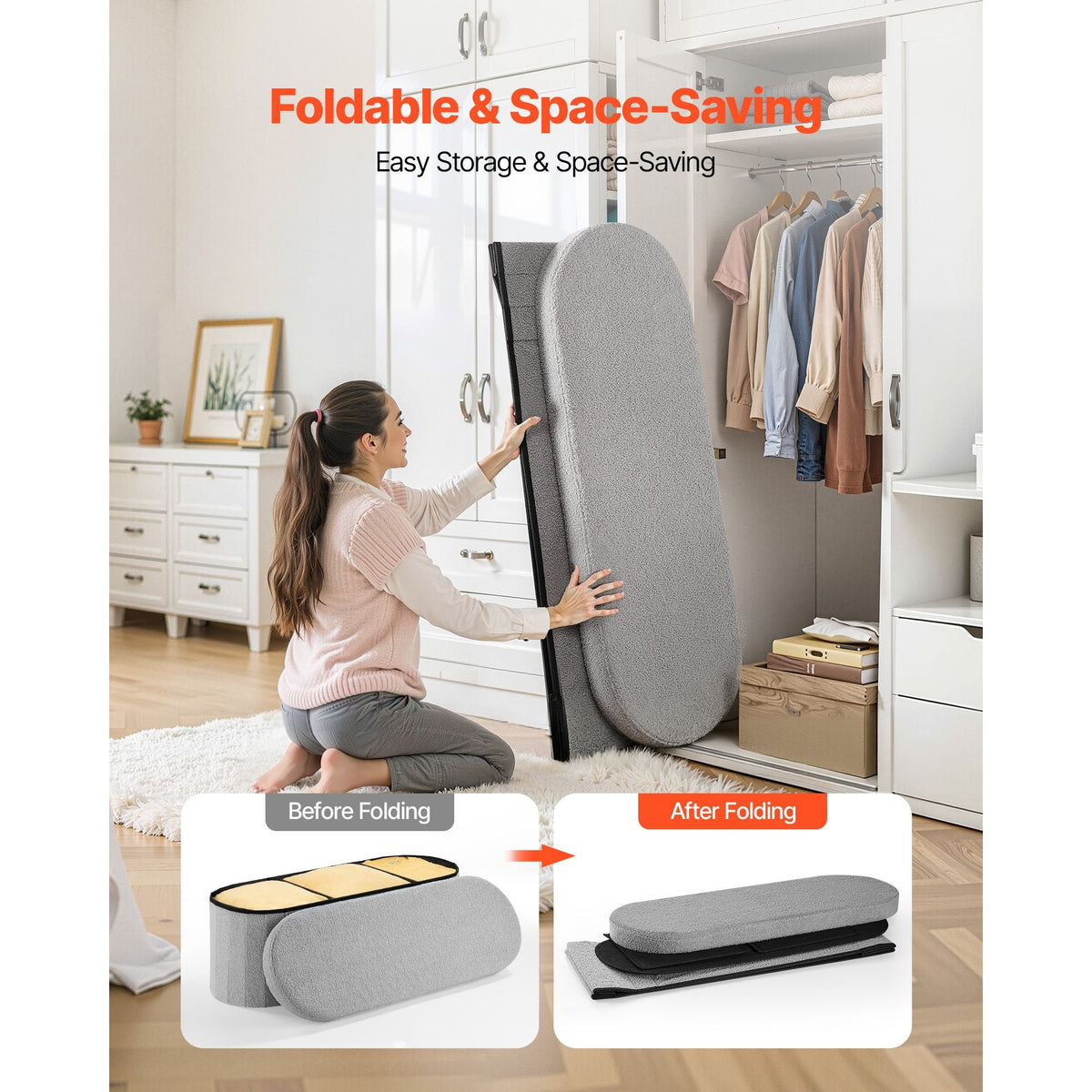 Oval Storage Ottoman Bench, Foldable Teddy Fleece End of Bed Bench, Folding Upholstered Bed Ottoman Chest with Large Storage Space, Supports 660 lbs, for Living Room, Bedroom, Entryway, Grey