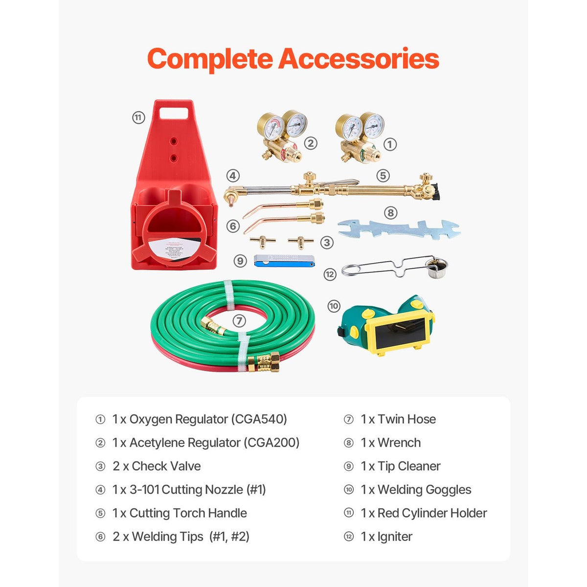 Oxygen Acetylene Torch Kit, Gas Welding Cutting Torch Kit, 14PCS Portable Oxy Acetylene Brazing Set with 177'' Twin-Hose, Cutting Nozzle, 2 Welding Tips & Cylinder Holder (without Gas Cylinder)