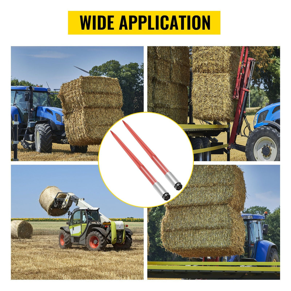 Pair Hay Spear 43" Bale Spear 3000 lbs Capacity, Bale Spike Quick Attach Square Hay Bale Spears 1 3/4", Red Coated Bale Forks, Bale Hay Spike with Hex Nut & Sleeve for Buckets Tractors Loaders