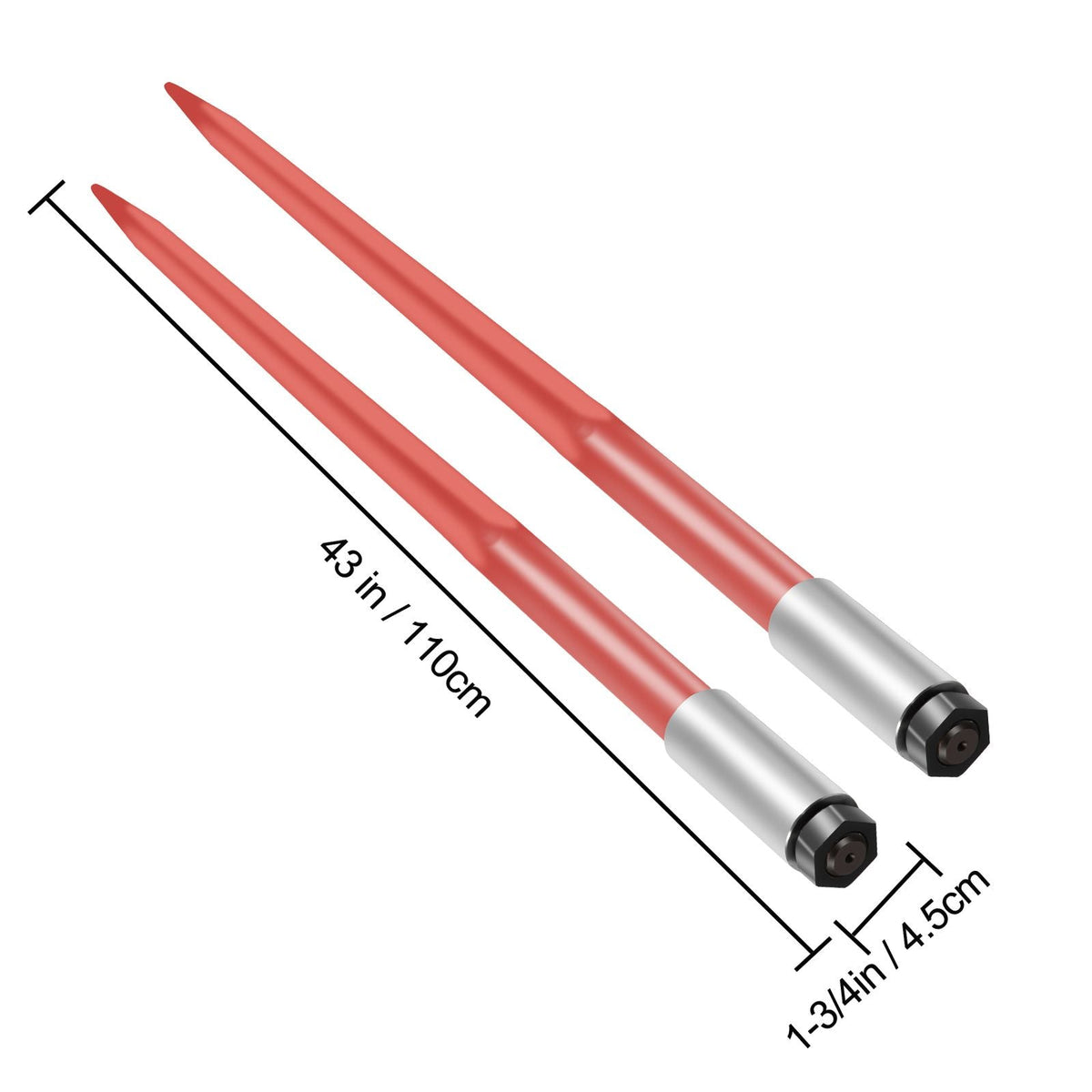 Pair Hay Spear 43" Bale Spear 3000 lbs Capacity, Bale Spike Quick Attach Square Hay Bale Spears 1 3/4", Red Coated Bale Forks, Bale Hay Spike with Hex Nut & Sleeve for Buckets Tractors Loaders
