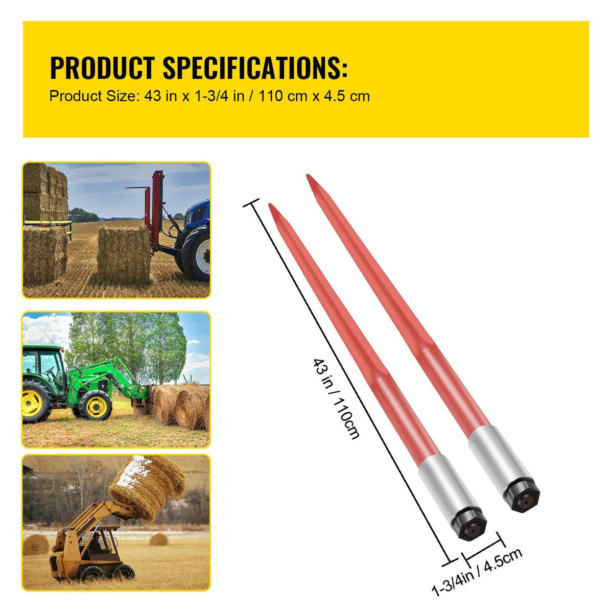 Pair Hay Spear 43" Bale Spear 3000 lbs Capacity, Bale Spike Quick Attach Square Hay Bale Spears 1 3/4", Red Coated Bale Forks, Bale Hay Spike with Hex Nut & Sleeve for Buckets Tractors Loaders