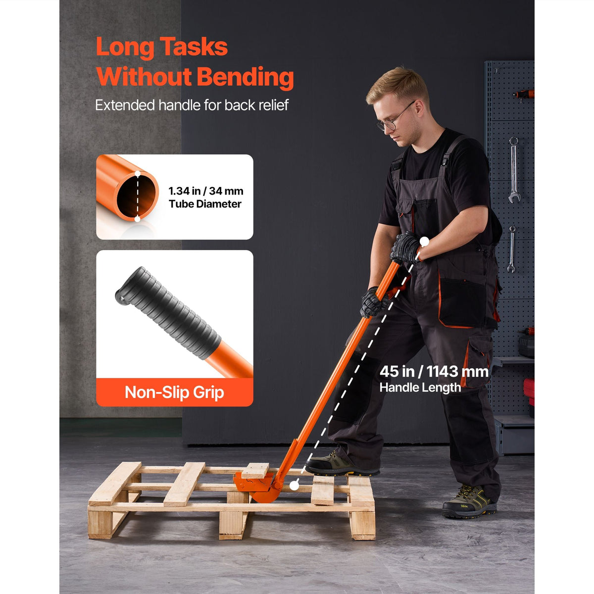 Pallet Buster Tool, 40 Inch Carbon Steel Handle Wrecking Pry Bar, 2000 lbs Weight Capacity, Heavy Duty Deck Board Removal Tool, Breaker Bar for Flooring, Framing, Roofing, Trim, Drywall