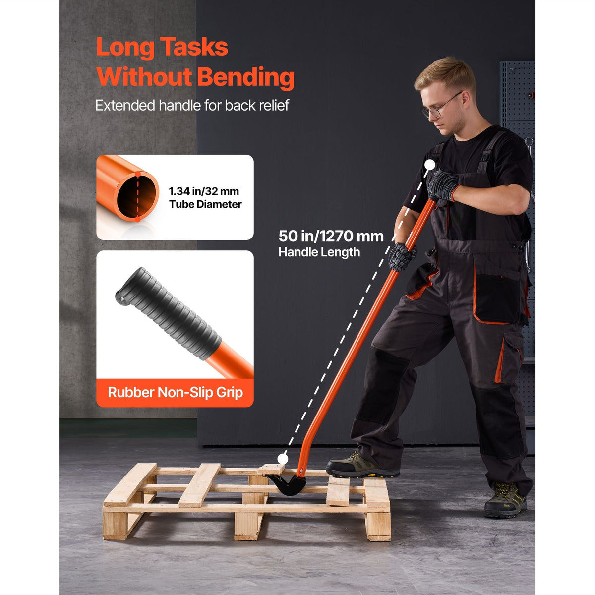 Pallet Buster Tool, 50 Inch Carbon Steel Handle Wrecking Pry Bar, 2000 lbs Weight Capacity, Heavy Duty Deck Board Removal Tool, Breaker Bar for Flooring, Framing, Roofing, Trim, Drywall