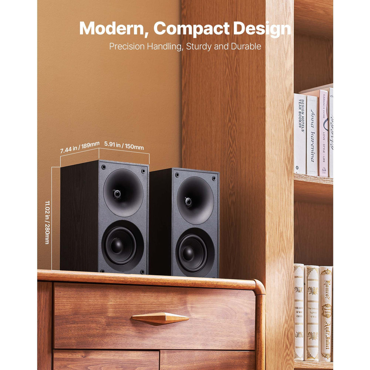Passive Bookshelf Speaker, 300W, Book Shelf Stereo Speakers with 4-Inch Woofer and 1-Inch Tweeter, Detachable Grille, 70Hz-20KHz Frequency Response, Wooden Enclosure, for Home Theater (1 Pair)
