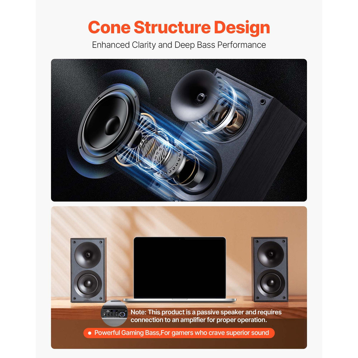 Passive Bookshelf Speaker, 300W, Book Shelf Stereo Speakers with 4-Inch Woofer and 1-Inch Tweeter, Detachable Grille, 70Hz-20KHz Frequency Response, Wooden Enclosure, for Home Theater (1 Pair)
