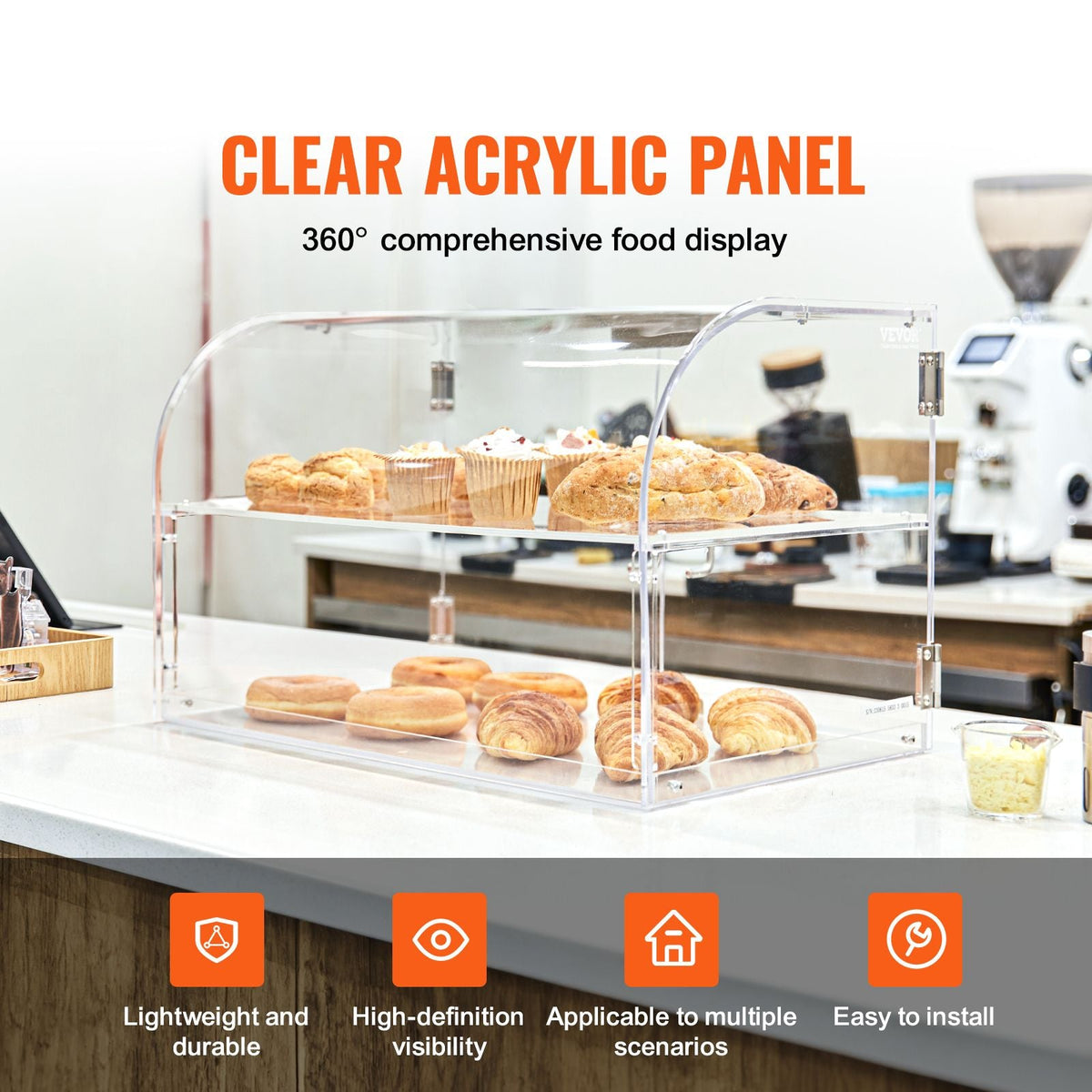 Pastry Display Case, 2-Tier Commercial Countertop Bakery Display Case, Acrylic Display Box with Rear Door Access & Removable Shelves, Keep Fresh for Donut Bagels Cake Cookie, 22"x14"x14"