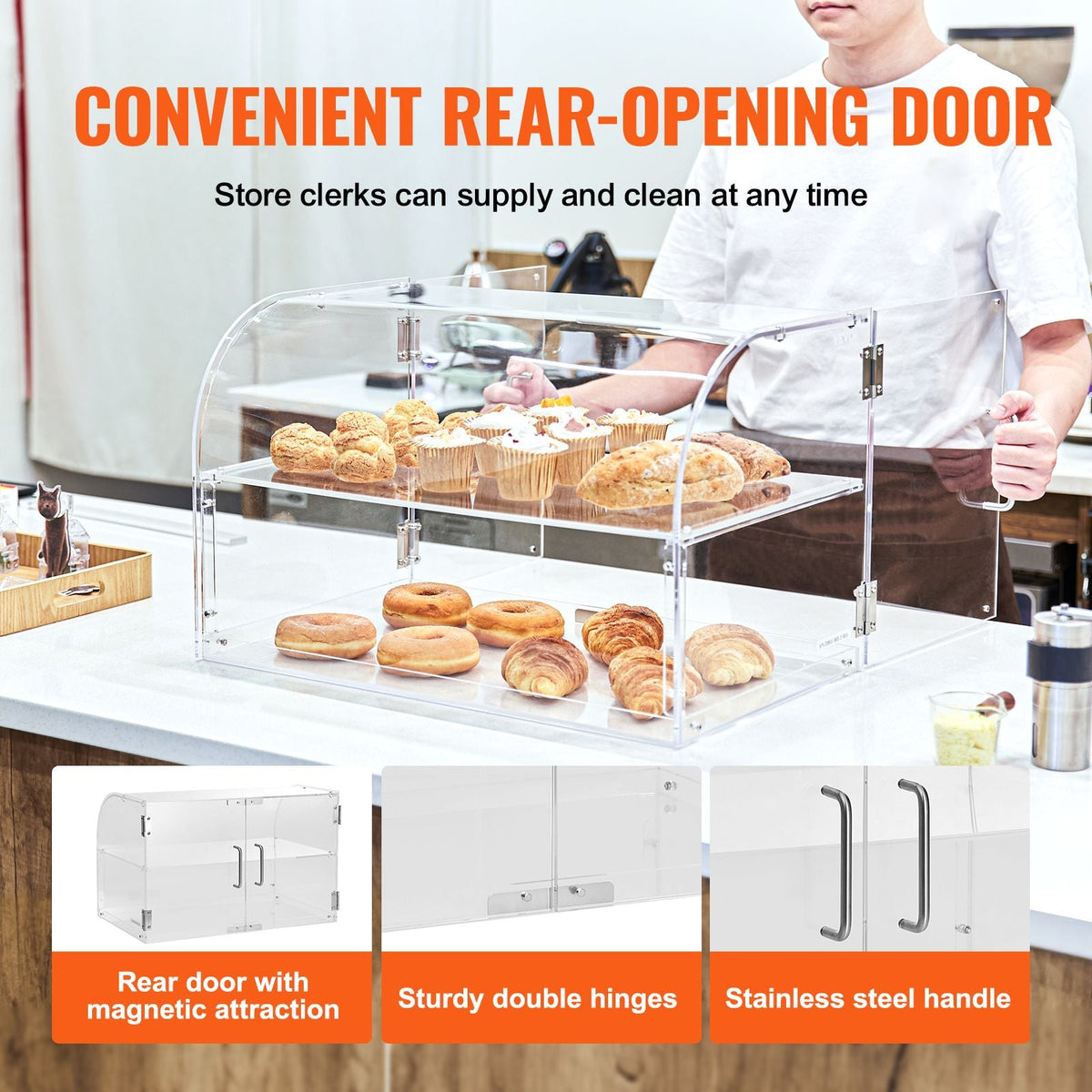 Pastry Display Case, 2-Tier Commercial Countertop Bakery Display Case, Acrylic Display Box with Rear Door Access & Removable Shelves, Keep Fresh for Donut Bagels Cake Cookie, 22"x14"x14"