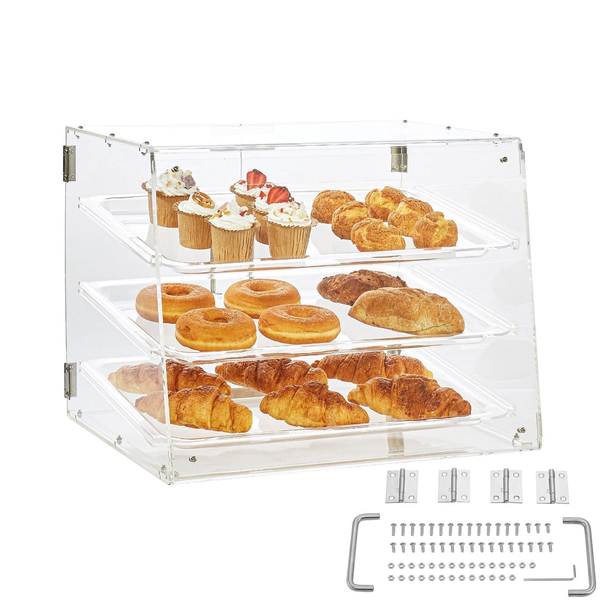 Pastry Display Case, 3-Tier Commercial Countertop Bakery Display Case, Acrylic Display Box with Rear Door Access & Removable Shelves, Keep Fresh for Donut Bagels Cake Cookie, 20.7"x17"x16.3"