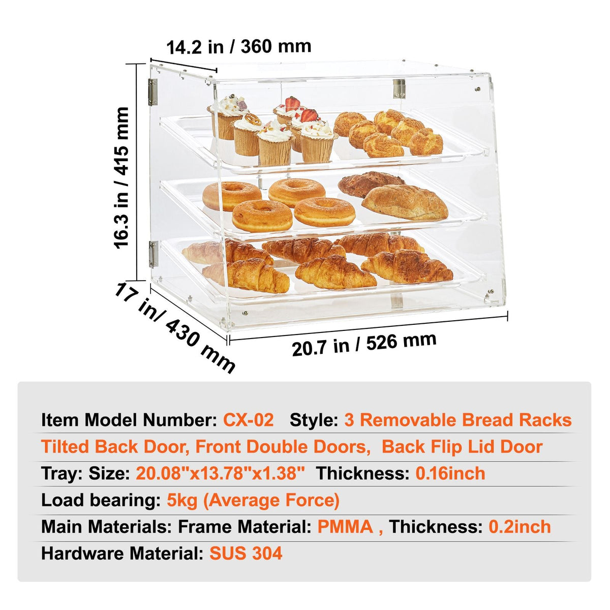 Pastry Display Case, 3-Tier Commercial Countertop Bakery Display Case, Acrylic Display Box with Rear Door Access & Removable Shelves, Keep Fresh for Donut Bagels Cake Cookie, 20.7"x17"x16.3"