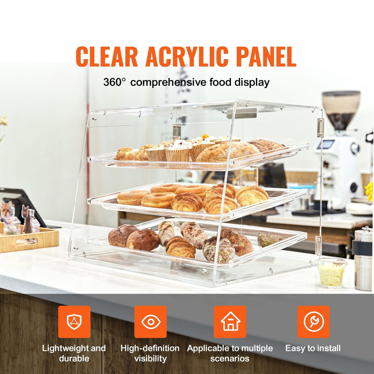 Pastry Display Case, 3-Tier Commercial Countertop Bakery Display Case, Acrylic Display Box with Rear Door Access & Removable Shelves, Keep Fresh for Donut Bagels Cake Cookie, 20.7"x17"x16.3"