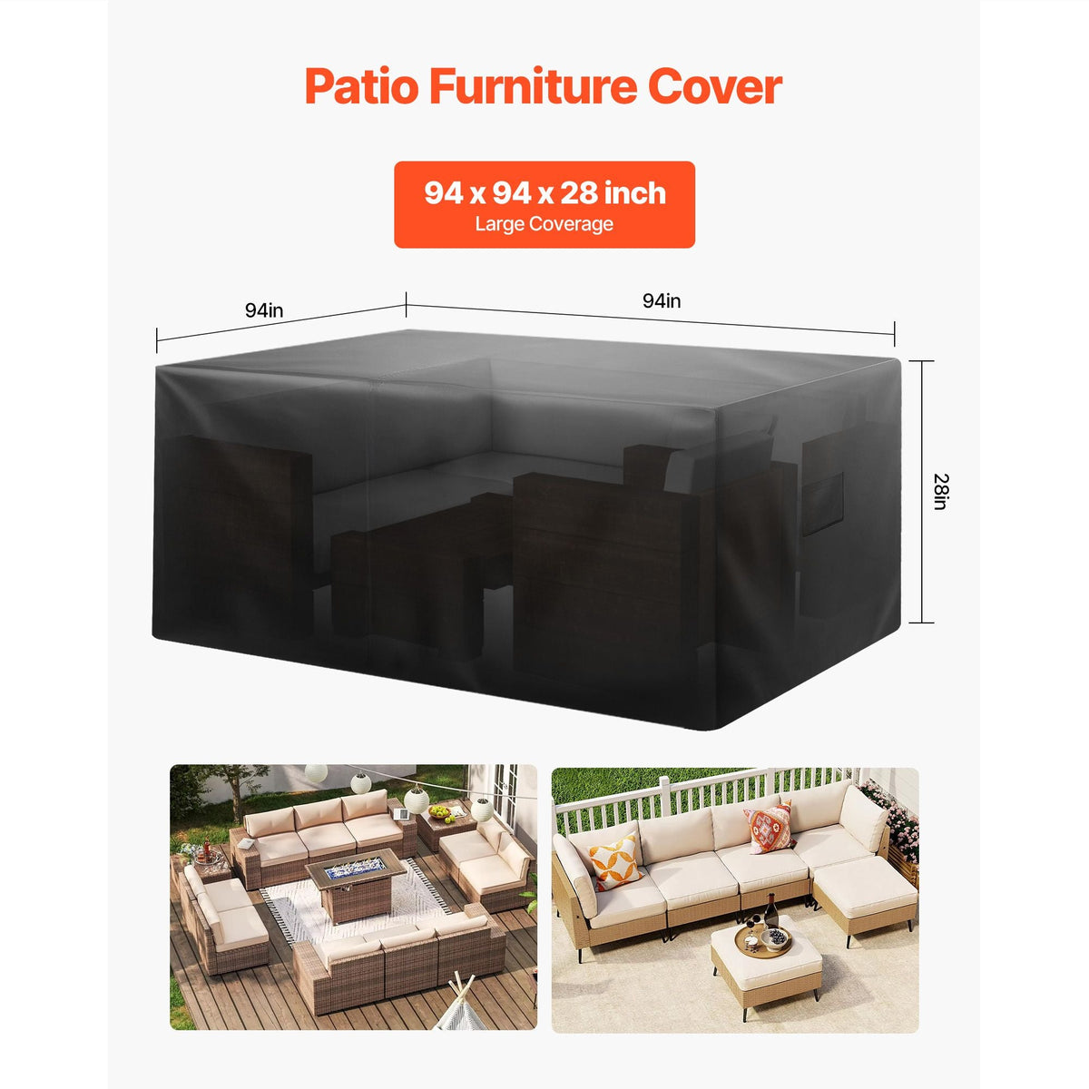 Patio Furniture Cover, 420D Heavy Duty Waterproof Outdoor Dining Table and Chairs Cover, Large Squre Patio Table Covers with Air Vent for All Weather, 94L x 94W x 28H inch, Black