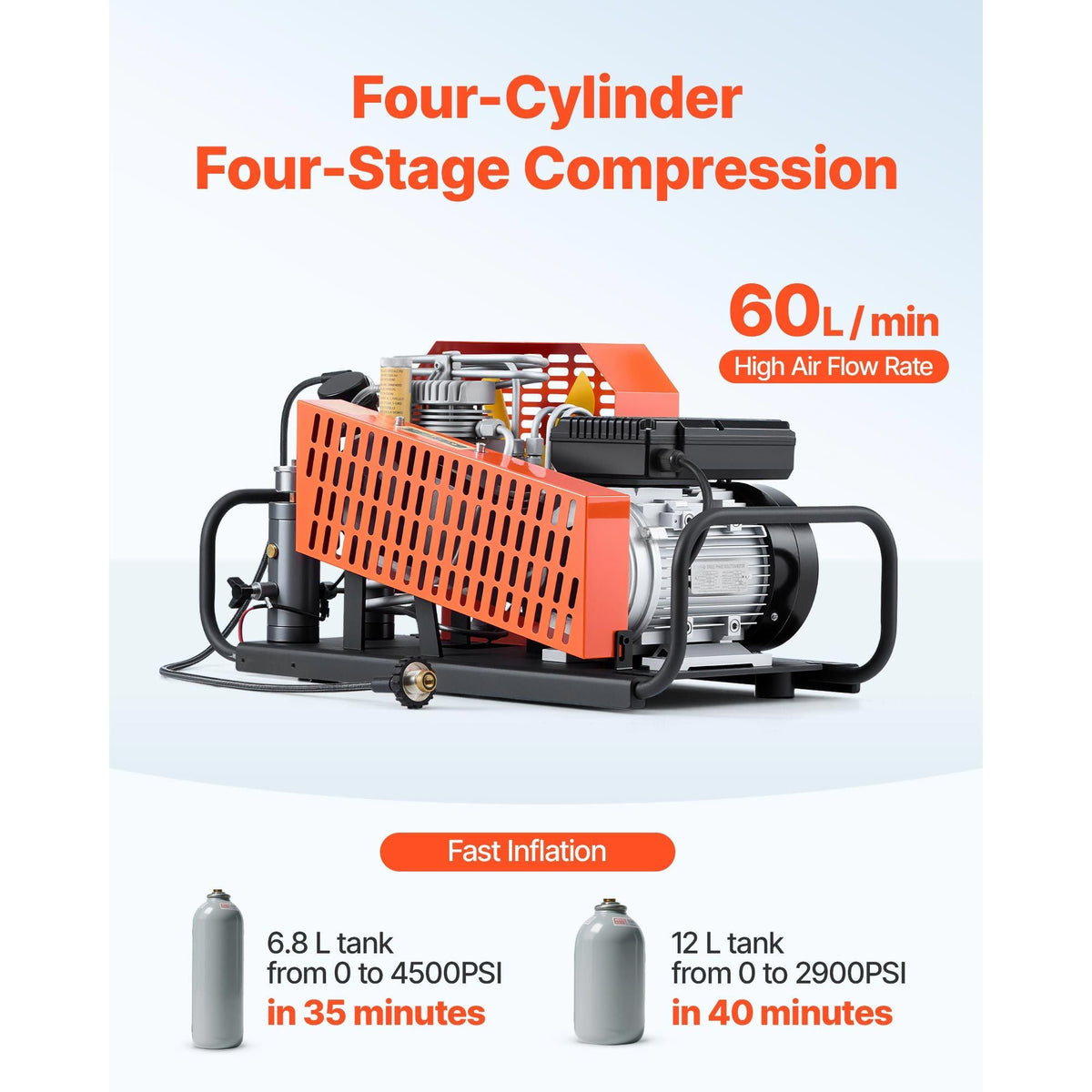 PCP Air Compressor, 4500PSI/30Mpa Diving Scuba Tank Air Compressor, 60 L/min Four-Cylinder Auto Stop PCP Rifle Compressor Pump with Fan Cooling System for Scuba Tanks, Paintball, Firefighting