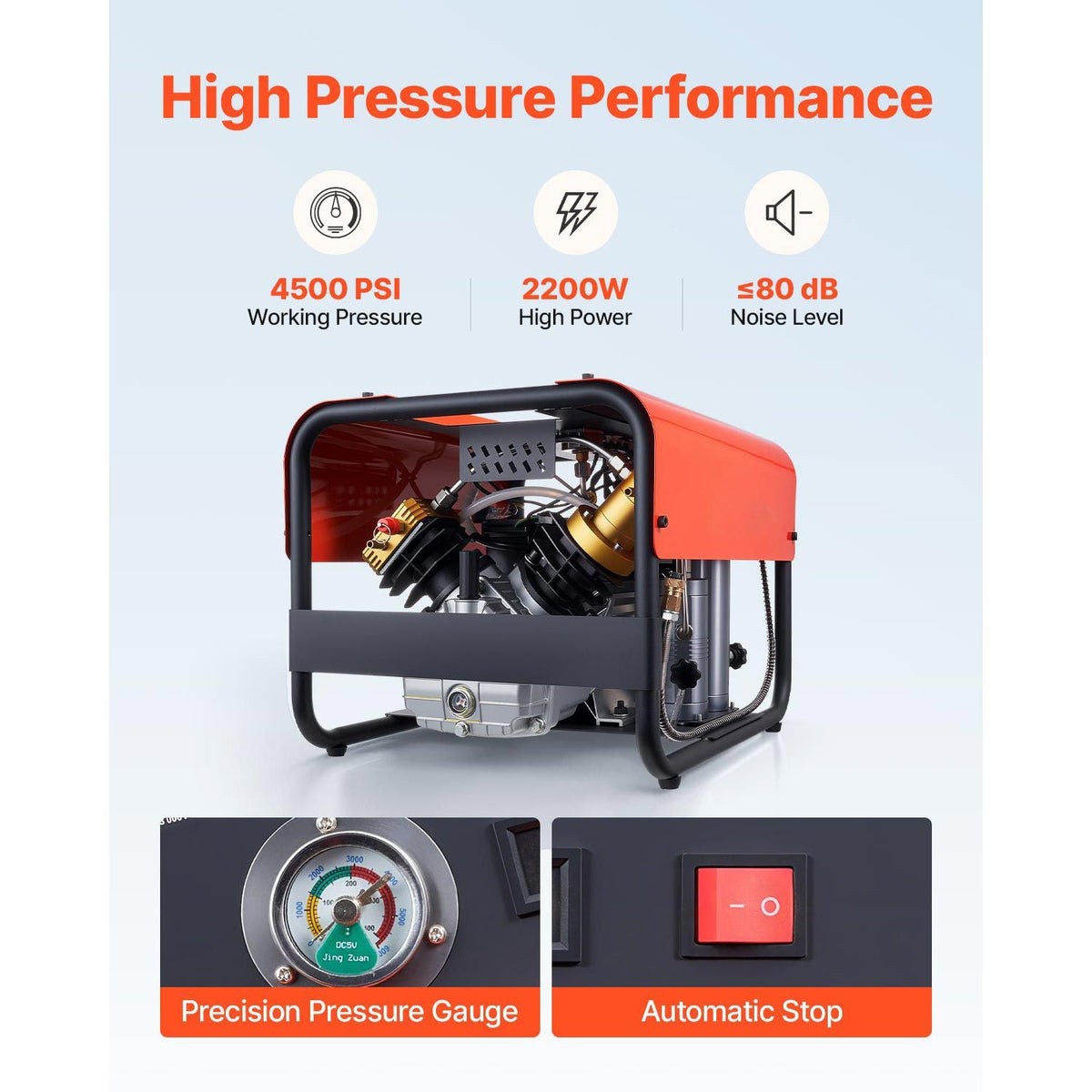 PCP Air Compressor, 4500PSI/30Mpa Diving Scuba Tank Air Compressor, Double-Cylinder Auto Stop PCP Diving Compressor with External Water & Fan Cooling System for Scuba Tanks, Paintball, Air Rifle