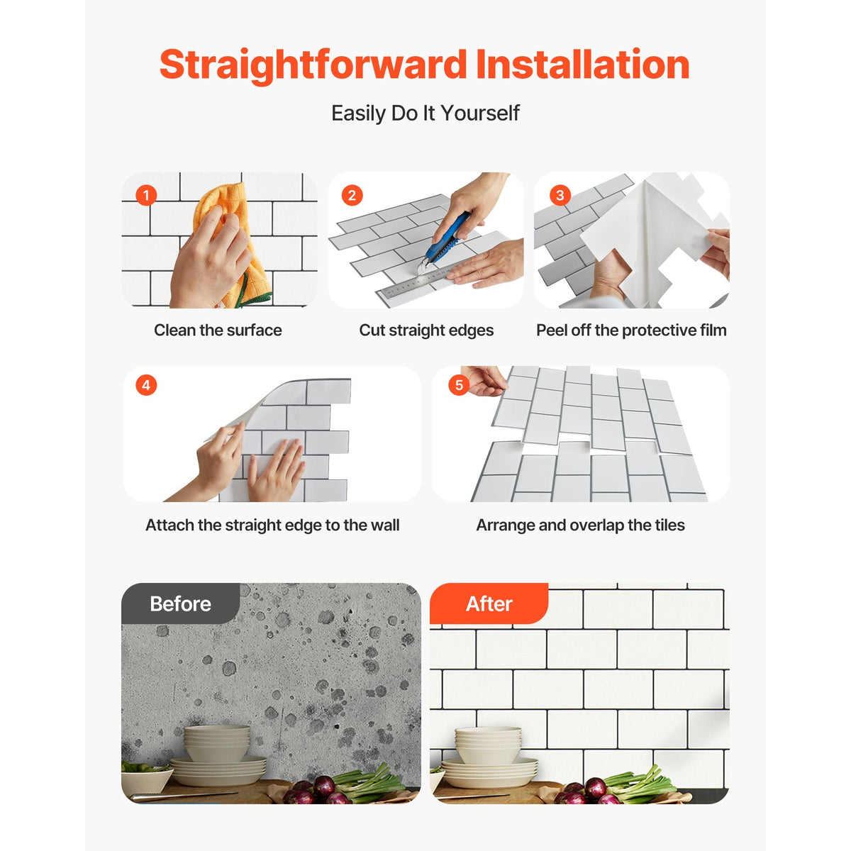 Peel and Stick Backsplash 10-Sheet, 12 x 12 x 0.78 inch / 305 x 305 x 2.0 mm Self-Adhesive Wall Tiles, Stick on Subway Tile Backsplash for Kitchen, 3D Back Splashes for Bathroom, Tile-Look