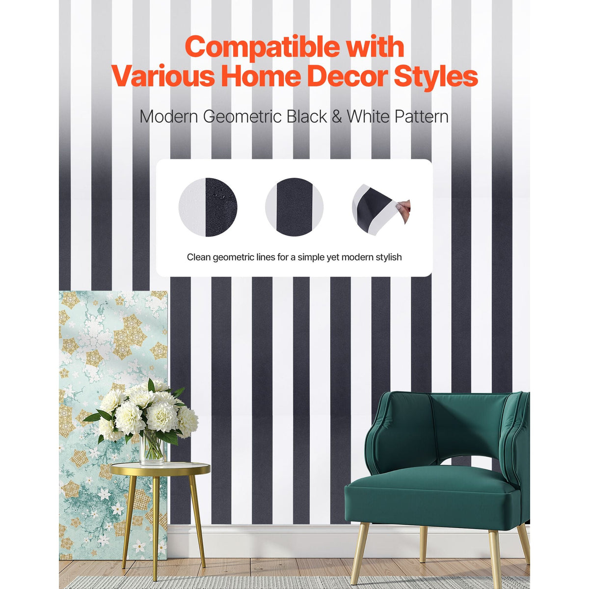 Peel and Stick Wallpaper, 17.7 x 590.5 inch Contact Paper Black White Modern Geometric Waterpoof Self Adhesive, Easy to Clean Wall Decorative Vinyl Roll for Bedroom Kitchen Bathroom Office