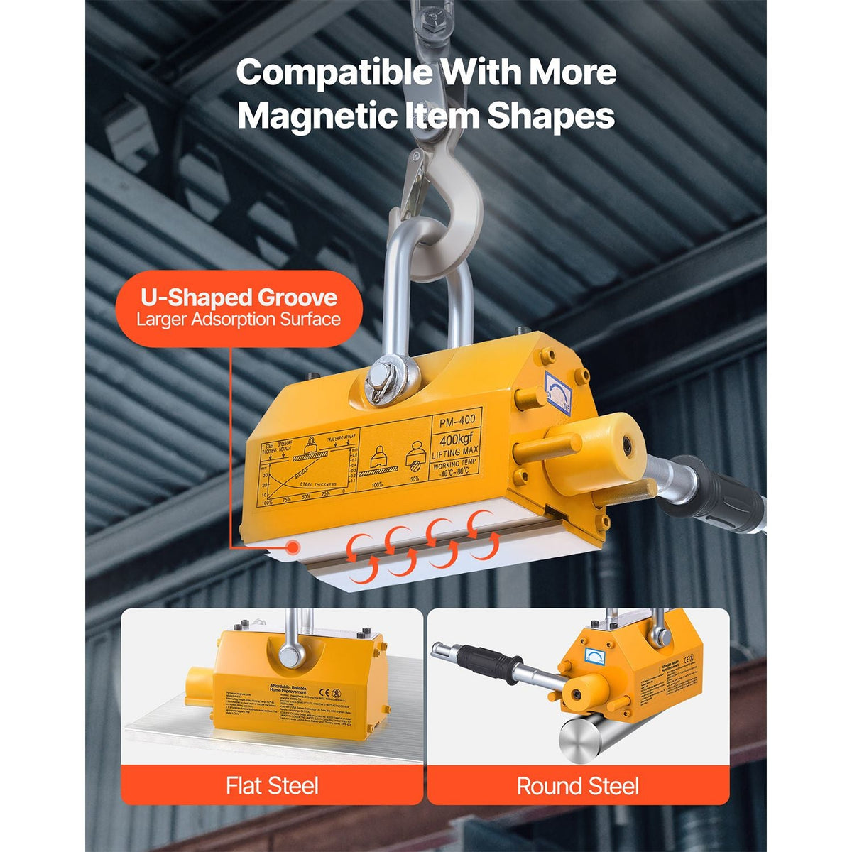 Permanent Magnetic Lifter, 880 lbs Pulling Capacity, Heavy Duty N42 Neodymium Lifting Magnet with Release Handle and Steel Hook, Used in Shop Crane and Hoist, for Lifting Plate Steel, Board