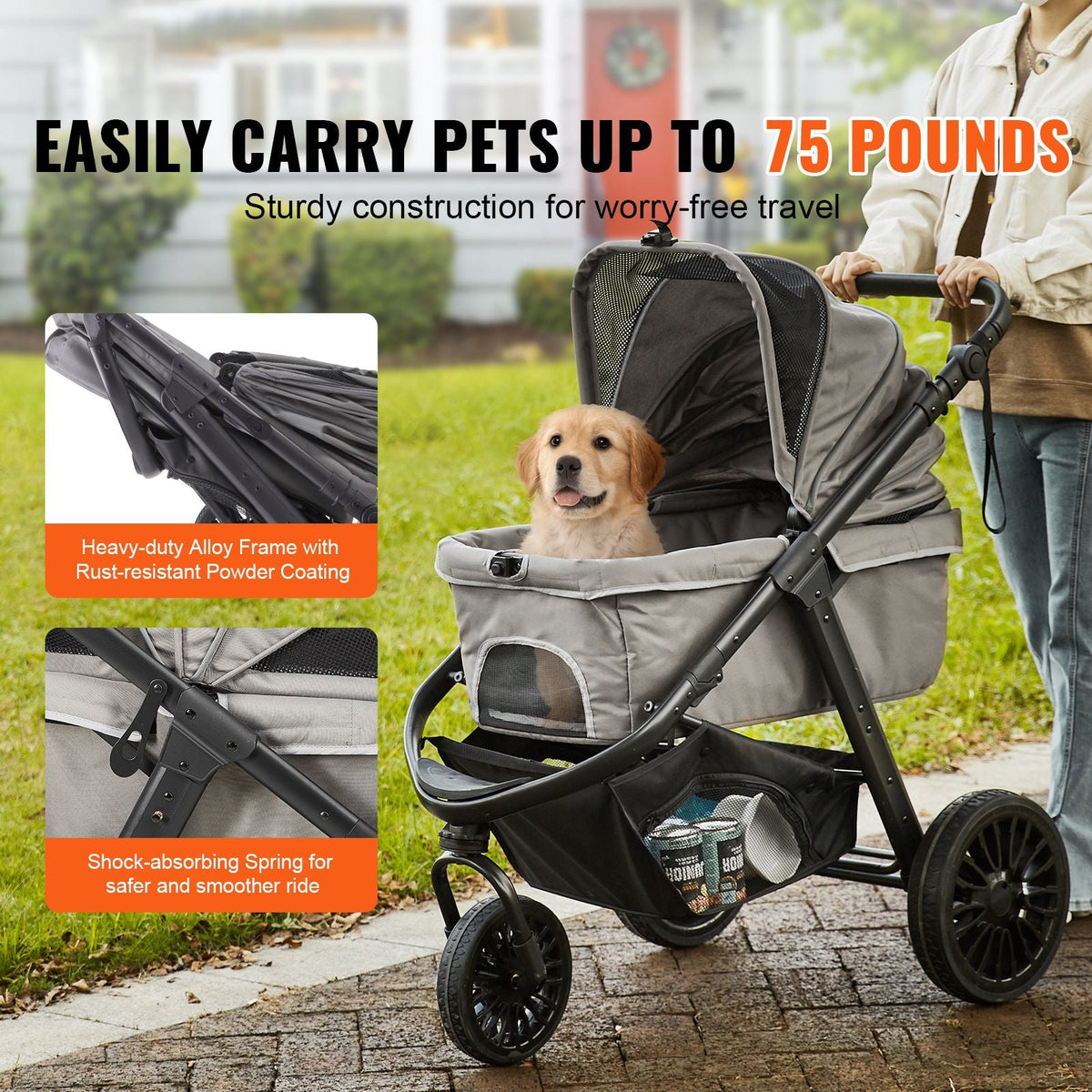 Pet Stroller, 3 PU Wheels Dog Stroller Rotate with Brakes, 75 lbs Weight Capacity, Puppy Stroller with Pet Pad, Storage Basket and External Cup Holder, for Small to Medium Sized Dogs, Grey