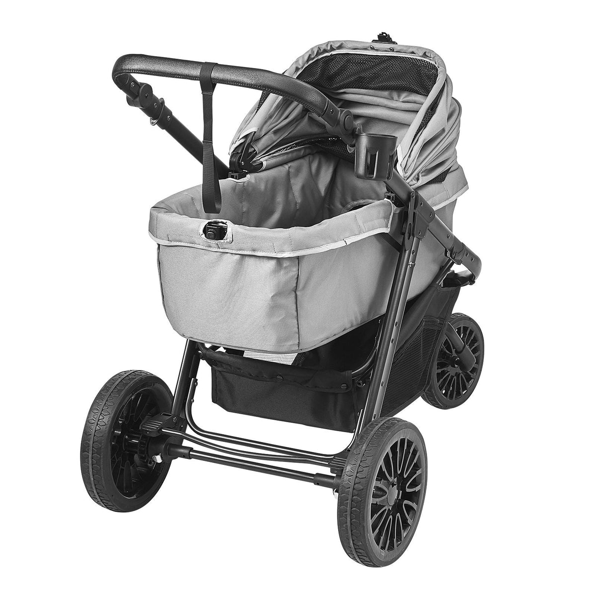 Pet Stroller, 3 PU Wheels Dog Stroller Rotate with Brakes, 75 lbs Weight Capacity, Puppy Stroller with Pet Pad, Storage Basket and External Cup Holder, for Small to Medium Sized Dogs, Grey