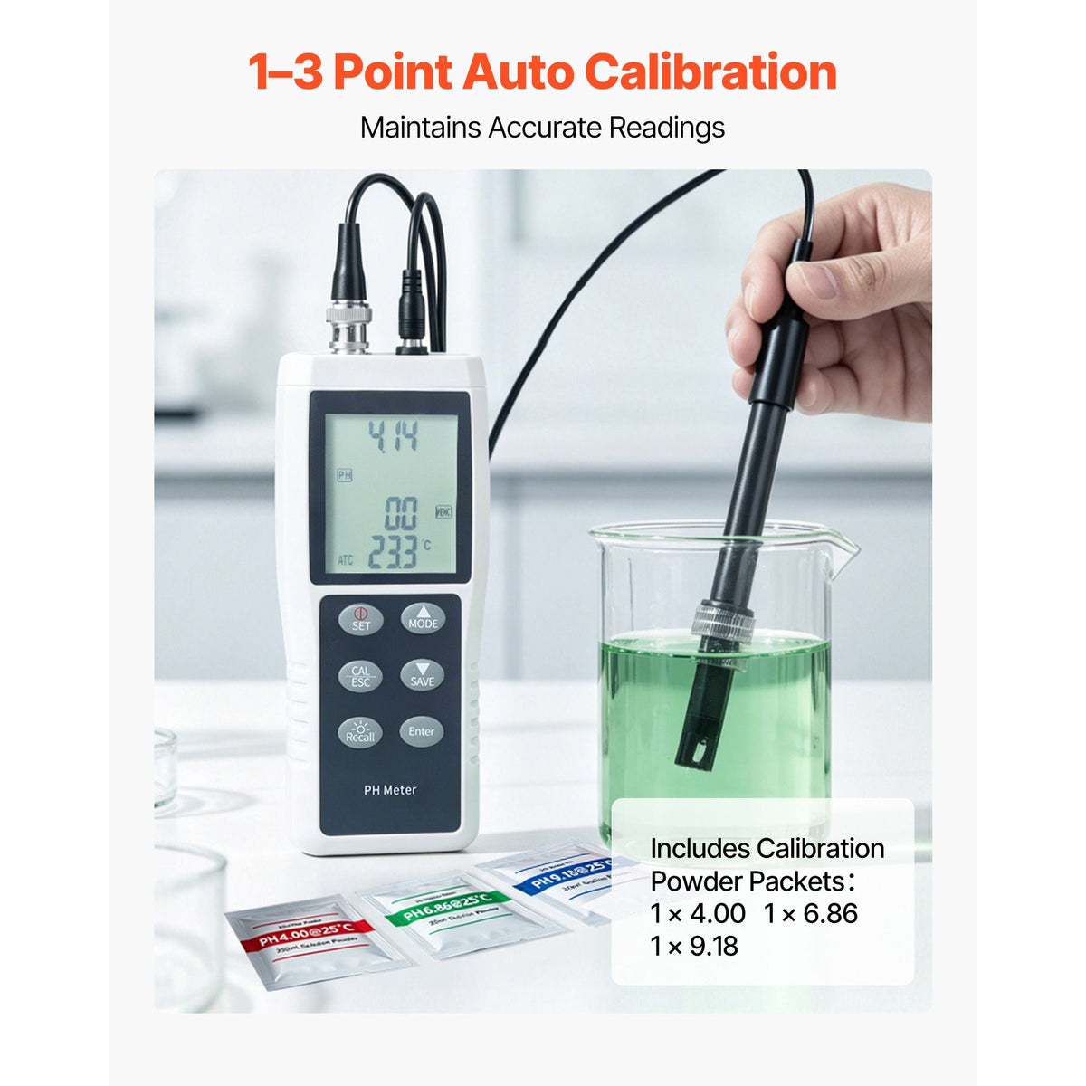 pH Meter, 0-14 pH Range, IP68 Waterproof Probe, 3-Point Auto Calibration, Portable Tester Kit with Calibration Powder Packets, Temperature Probe, Carrying Case, for Drinking Water, Hydroponics