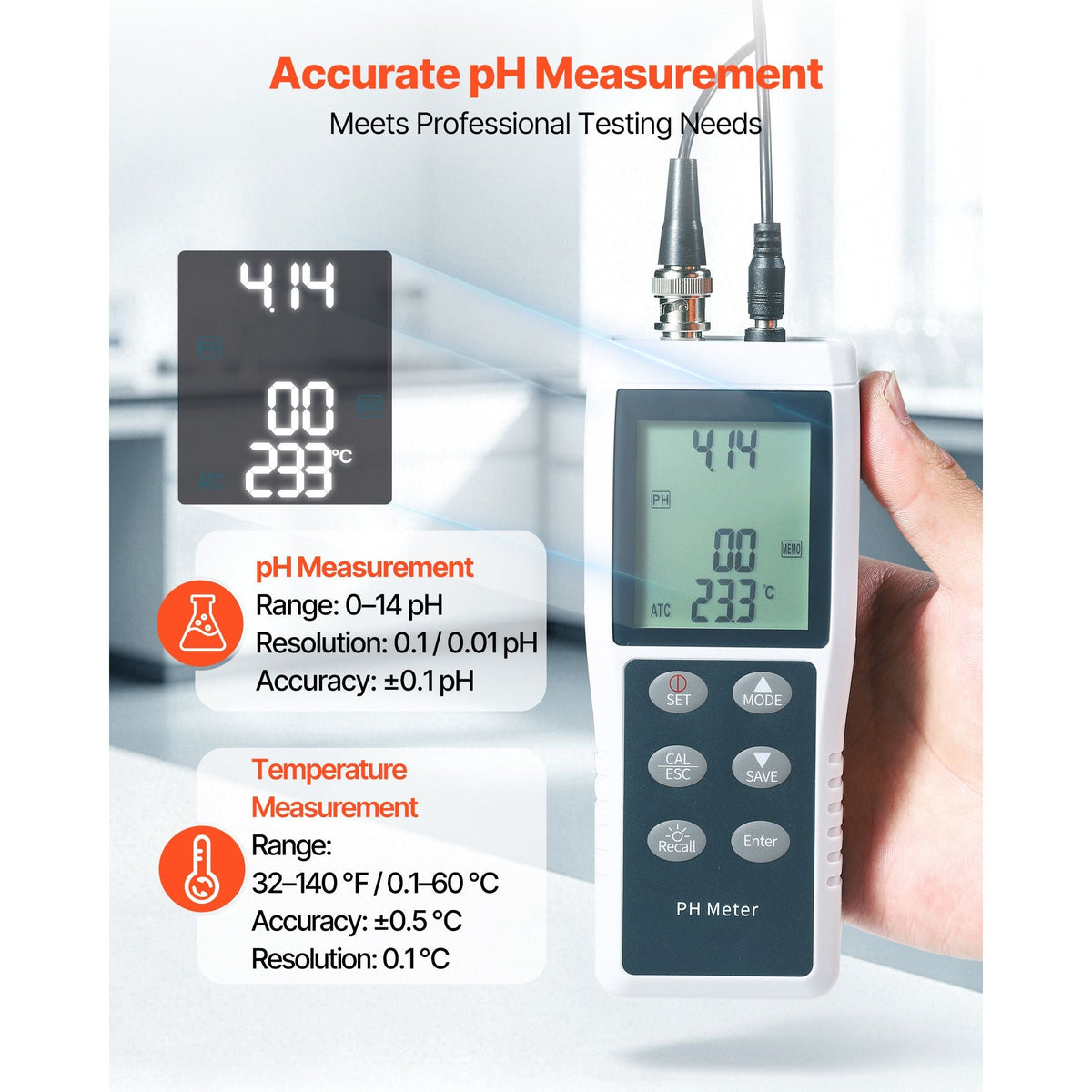 pH Meter, 0-14 pH Range, IP68 Waterproof Probe, 3-Point Auto Calibration, Portable Tester Kit with Calibration Powder Packets, Temperature Probe, Carrying Case, for Drinking Water, Hydroponics