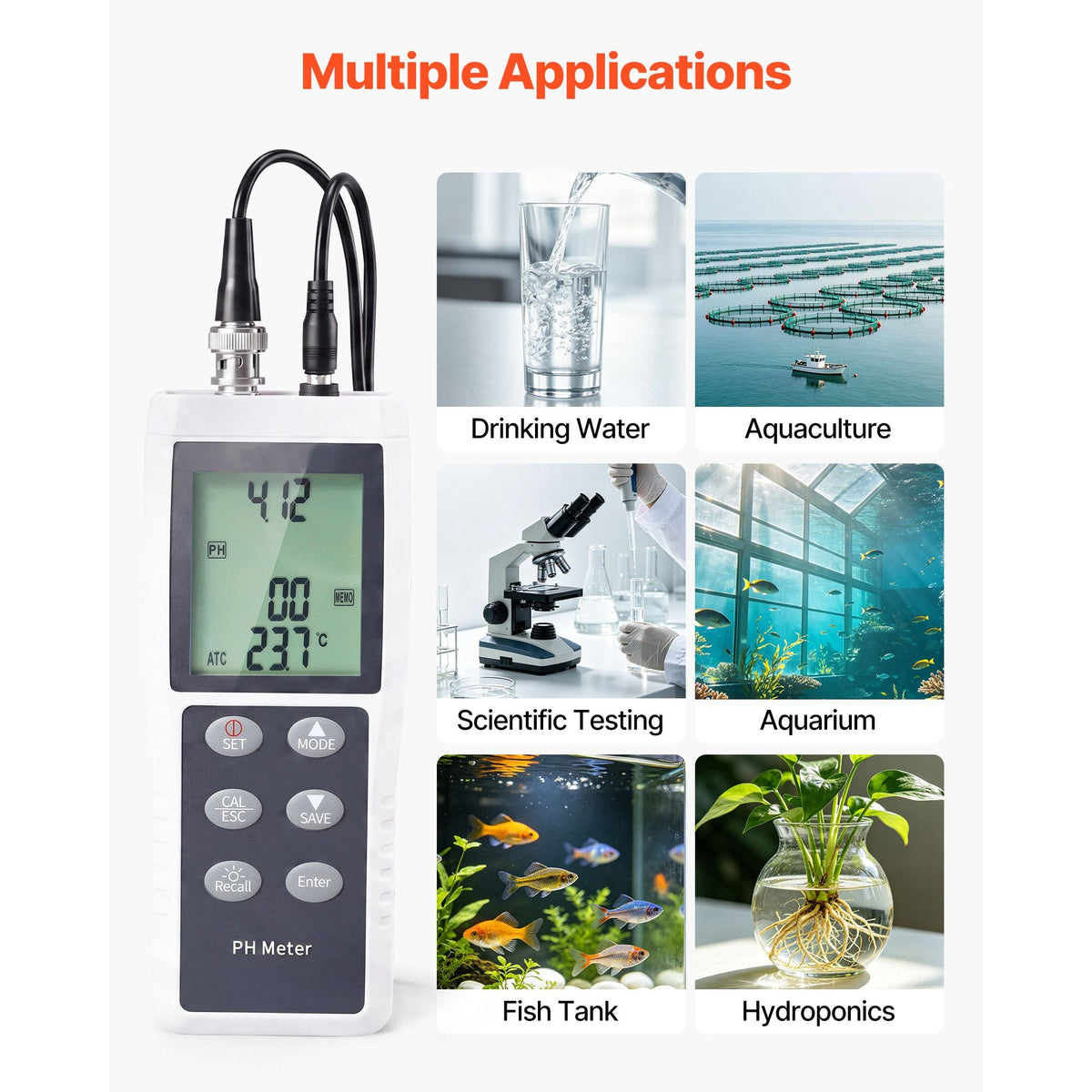 pH Meter, 0-14 pH Range, IP68 Waterproof Probe, 3-Point Auto Calibration, Portable Tester Kit with Calibration Powder Packets, Temperature Probe, Carrying Case, for Drinking Water, Hydroponics