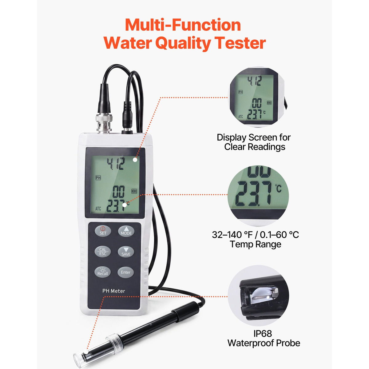 pH Meter, 0-14 pH Range, IP68 Waterproof Probe, 3-Point Auto Calibration, Portable Tester Kit with Calibration Powder Packets, Temperature Probe, Carrying Case, for Drinking Water, Hydroponics