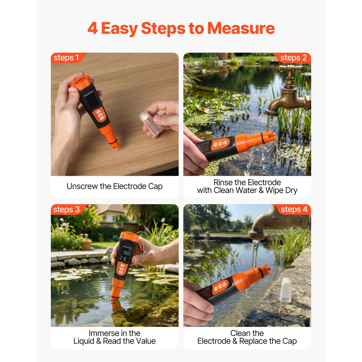 pH Meter, Accurate pH/EC (Conductivity)/TDS (ppm) Multi-Parameter Measurement, IP68 Waterproof Probe, Pocket Tester Kit with Calibration Powder Packets, VA Display, for Water Quality Testing