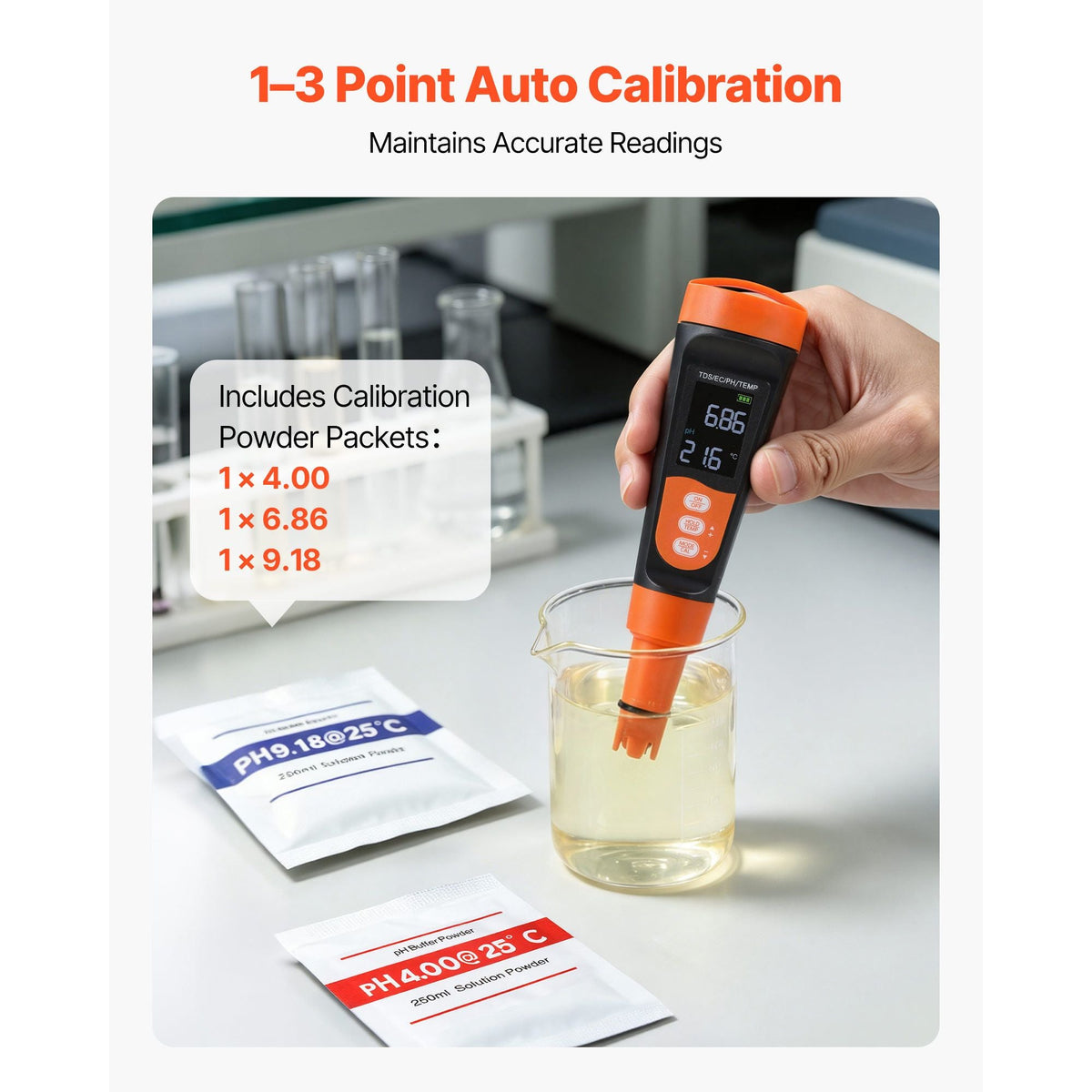 pH Meter, Accurate pH/EC (Conductivity)/TDS (ppm) Multi-Parameter Measurement, IP68 Waterproof Probe, Pocket Tester Kit with Calibration Powder Packets, VA Display, for Water Quality Testing