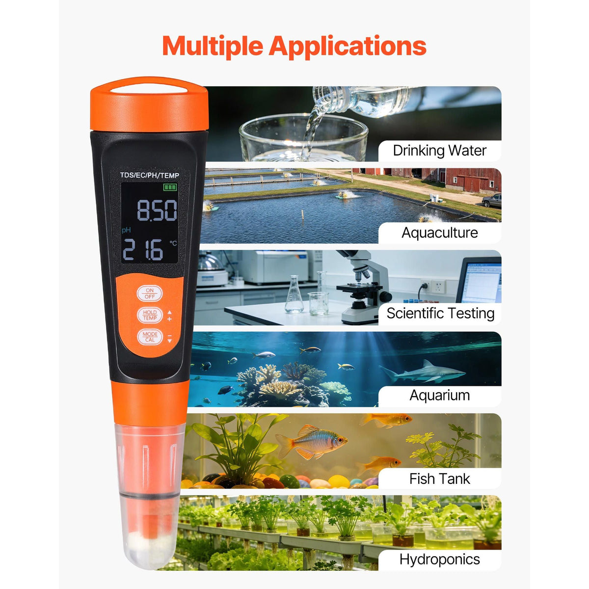 pH Meter, Accurate pH/EC (Conductivity)/TDS (ppm) Multi-Parameter Measurement, IP68 Waterproof Probe, Pocket Tester Kit with Calibration Powder Packets, VA Display, for Water Quality Testing