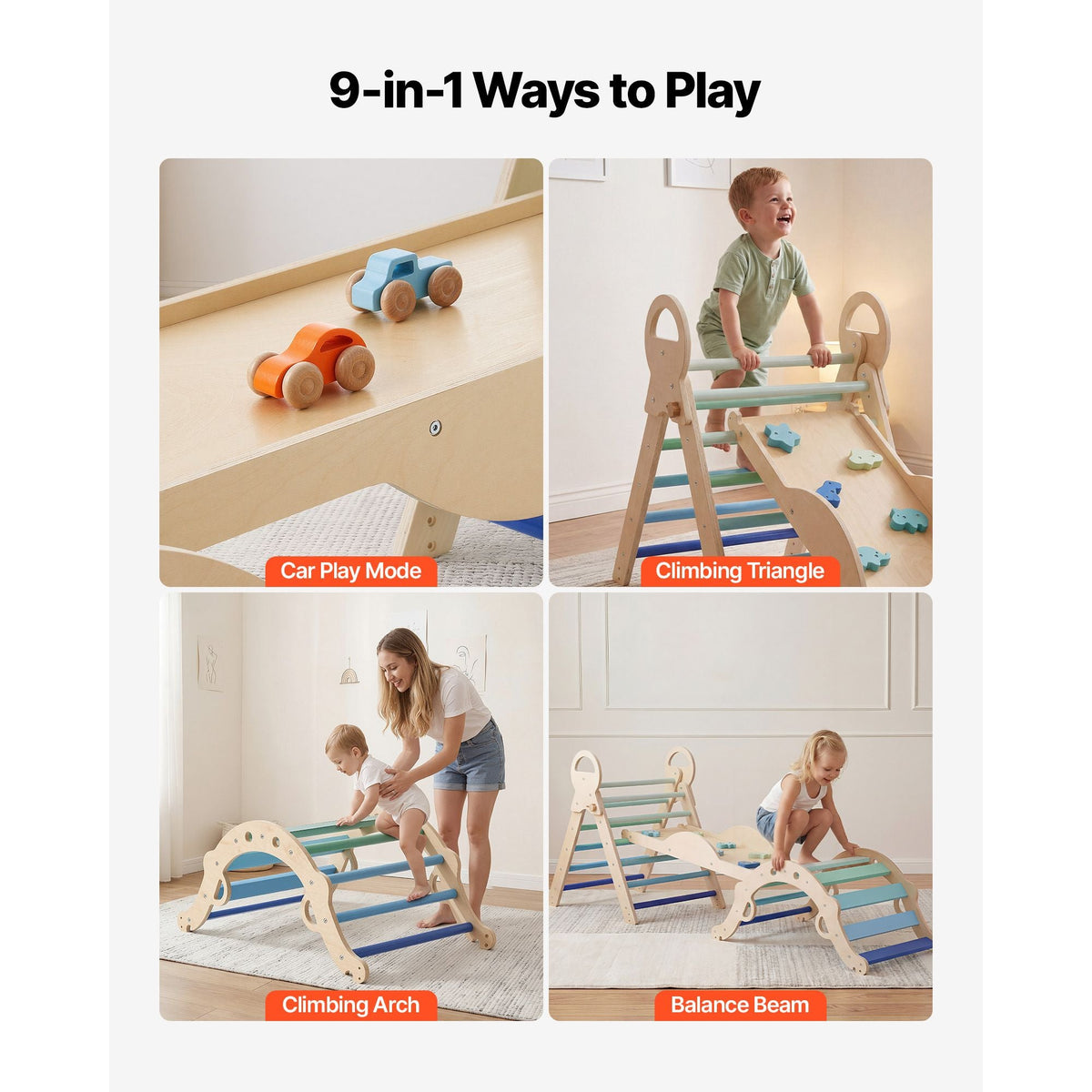 Pikler Triangle Set, 9-in-1 Toddler Climbing Toys Indoor, with 2 Wooden Cars, Cushion, Triangle, Arch, and Ramp, 150 lbs Load, Foldable Montessori Climbing Set for Toddlers and Kids, Blue