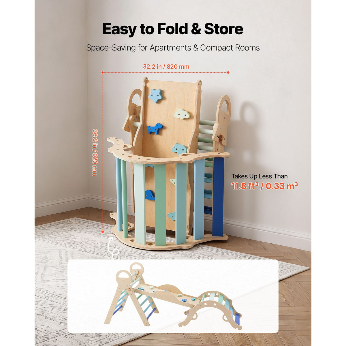 Pikler Triangle Set, 9-in-1 Toddler Climbing Toys Indoor, with 2 Wooden Cars, Cushion, Triangle, Arch, and Ramp, 150 lbs Load, Foldable Montessori Climbing Set for Toddlers and Kids, Blue