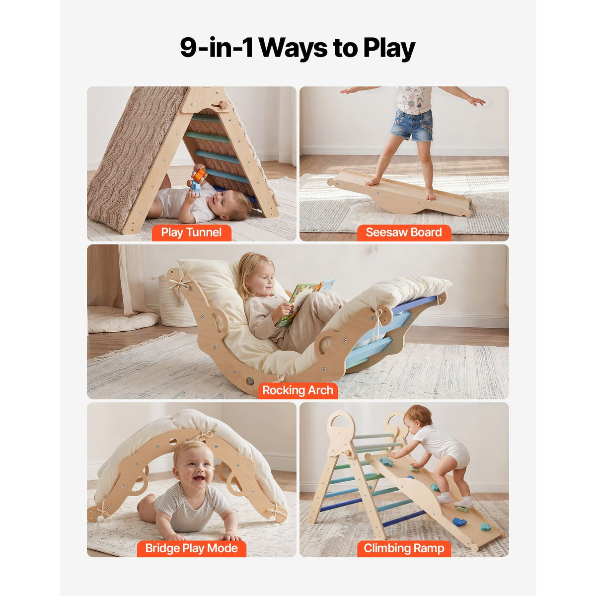 Pikler Triangle Set, 9-in-1 Toddler Climbing Toys Indoor, with 2 Wooden Cars, Cushion, Triangle, Arch, and Ramp, 150 lbs Load, Foldable Montessori Climbing Set for Toddlers and Kids, Blue