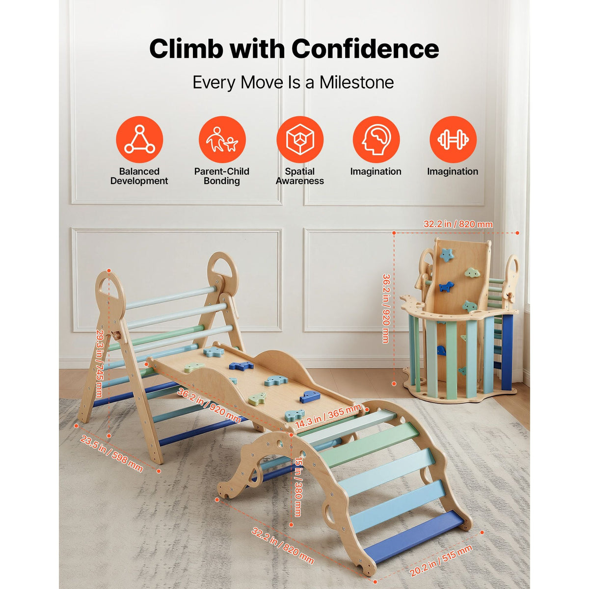 Pikler Triangle Set, 9-in-1 Toddler Climbing Toys Indoor, with 2 Wooden Cars, Cushion, Triangle, Arch, and Ramp, 150 lbs Load, Foldable Montessori Climbing Set for Toddlers and Kids, Blue