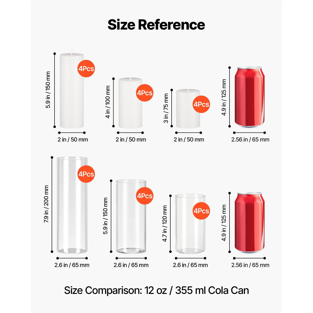 Pillar Candles and Glass Vases Set 24 Pcs, Clear Cylinder Hurricane Candle Holders for Wedding Centerpieces, Tall Vase for Table Decor, Wedding Party, Thanksgiving,White (2.56" x 4.7",5.9",7.9")