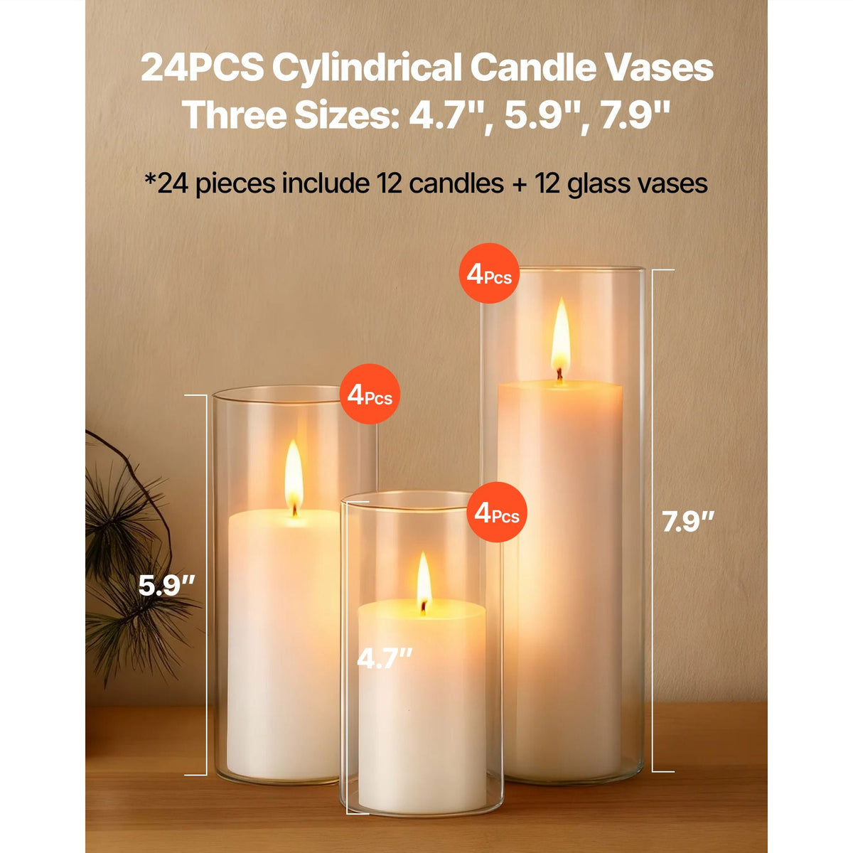 Pillar Candles and Glass Vases Set 24 Pcs, Clear Cylinder Hurricane Candle Holders for Wedding Centerpieces, Tall Vase for Table Decor, Wedding Party, Thanksgiving,White (2.56" x 4.7",5.9",7.9")