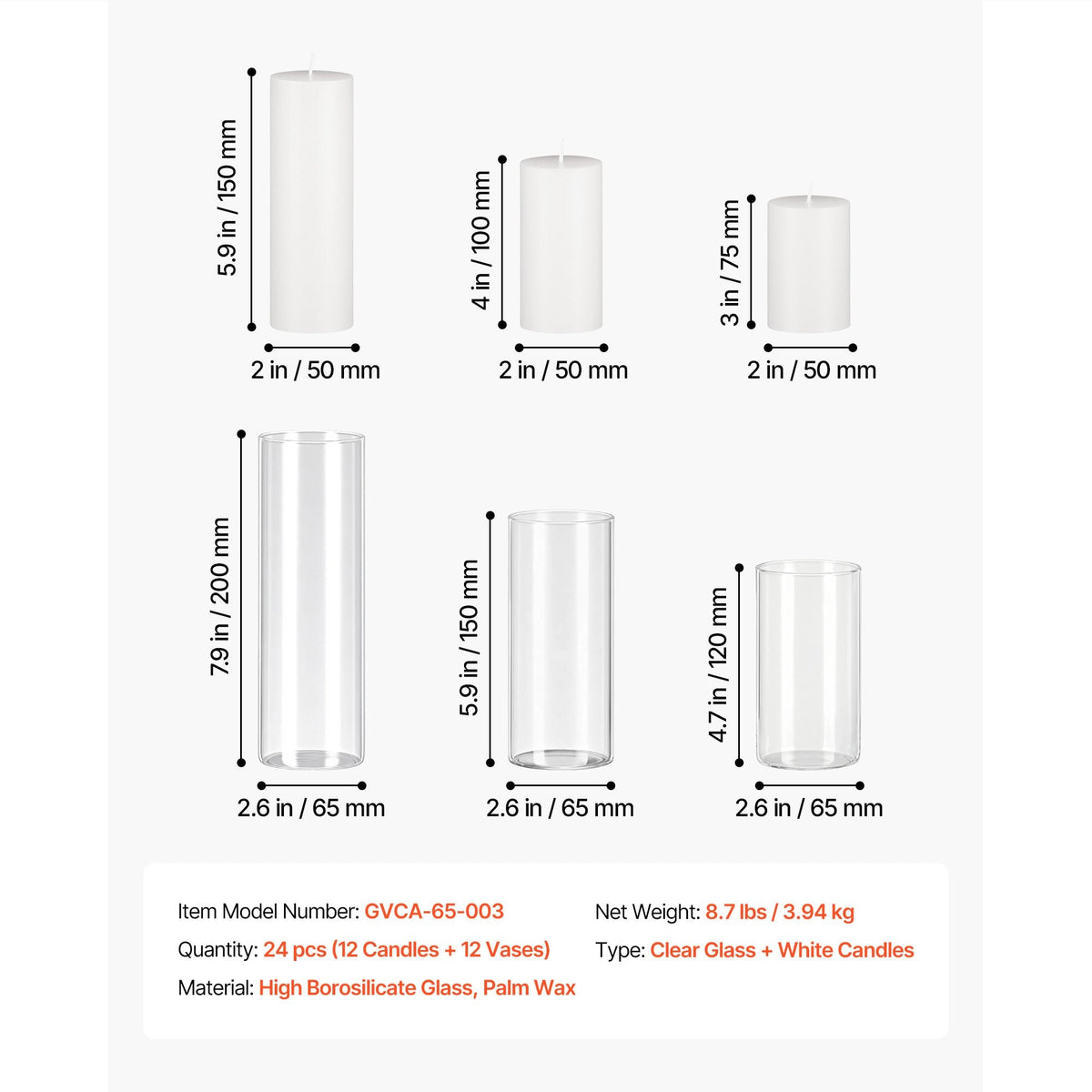 Pillar Candles and Glass Vases Set 24 Pcs, Clear Cylinder Hurricane Candle Holders for Wedding Centerpieces, Tall Vase for Table Decor, Wedding Party, Thanksgiving,White (2.56" x 4.7",5.9",7.9")