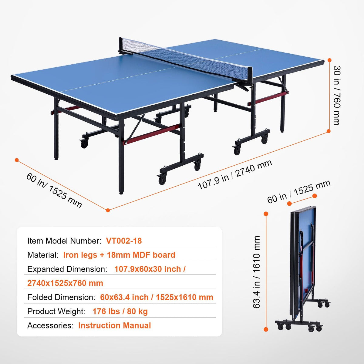 Ping Pong Table, Professional Table Tennis Game, Indoor MDF Portable Table Tennis Table, Foldable Ping Pong Table with Quick Clamp Net and Lockable Wheel, 10 Minute Easy Assembly, 18mm Tabletops