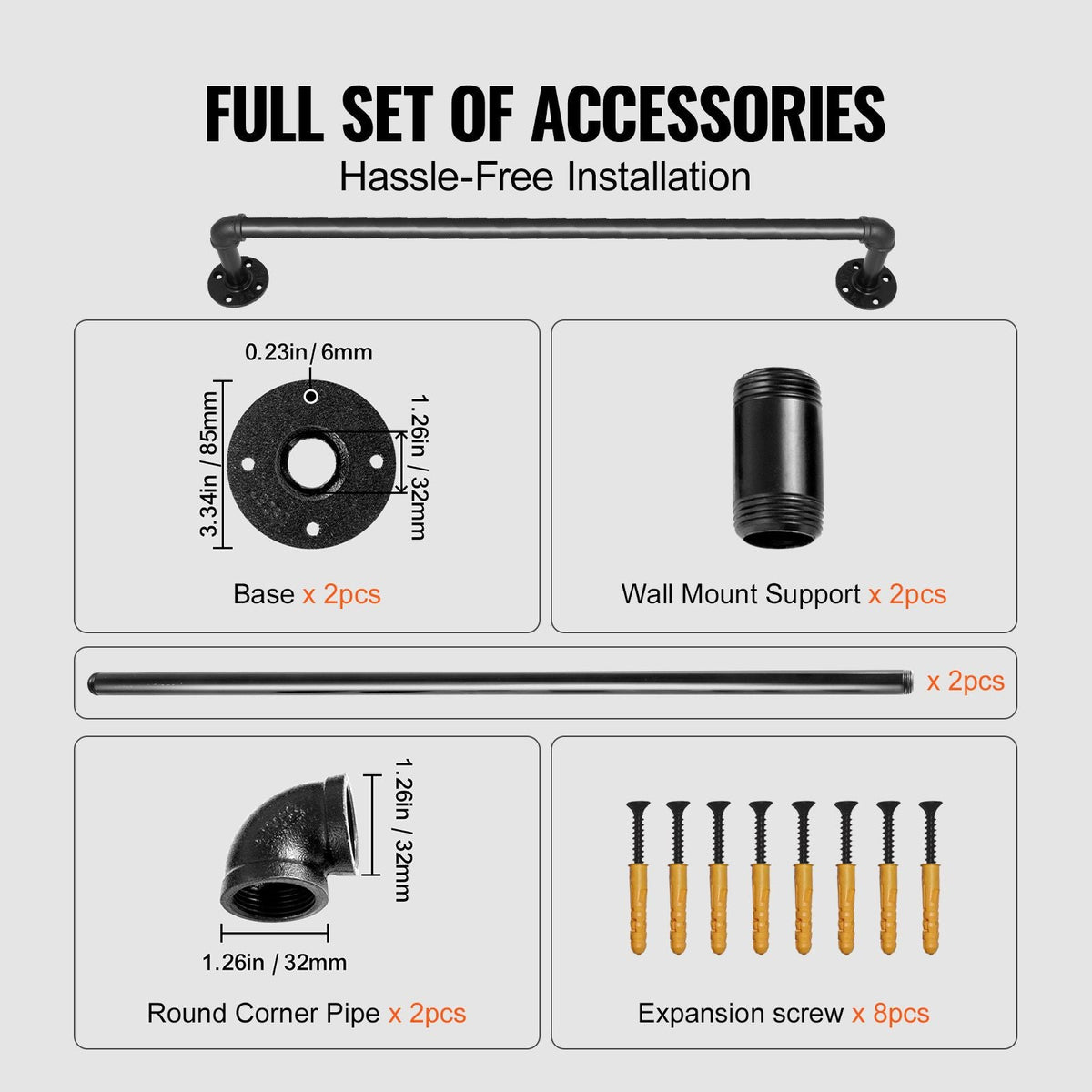 Pipe Stair Handrail, 2FT Staircase Handrail, 440LBS Load Capacity Carbon Steel Pipe Handrail, Industrial Pipe Handrail with Wall Mount Support, Round Corner Wall Handrailings for Indoor, Outdoor