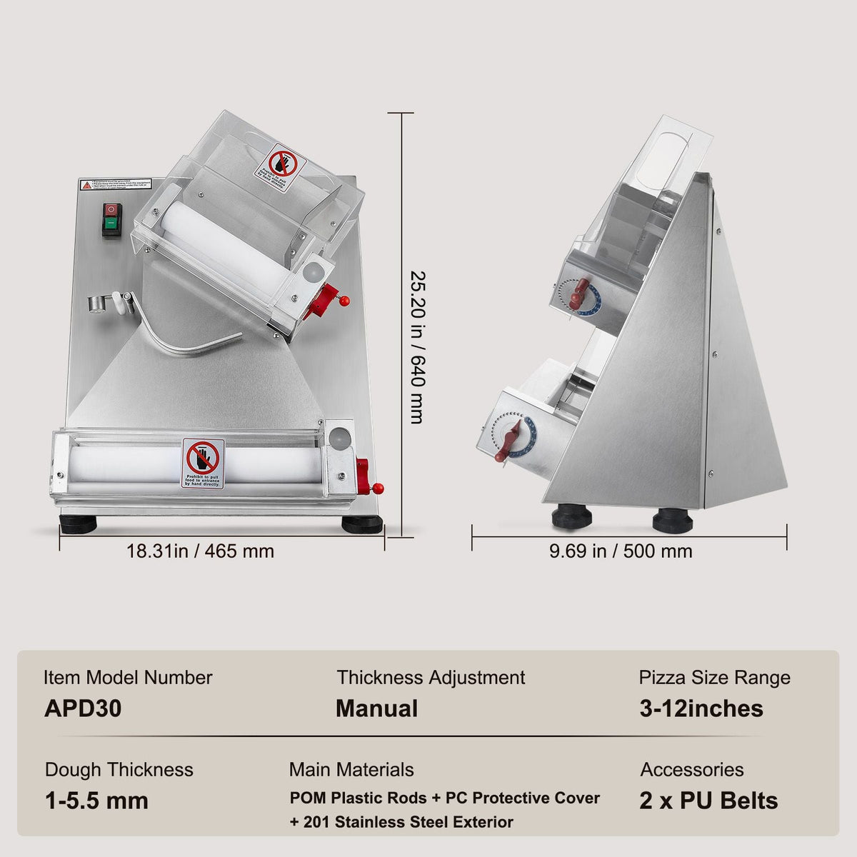 Pizza Dough Roller Sheeter, 3-12 Inch Automatic Commercial Pizza Press, 370W Electric 260 Per Hour Dough Roller, Stainless Steel Adjustable Thickness Dough Machine, for Pasta Maker Equipment
