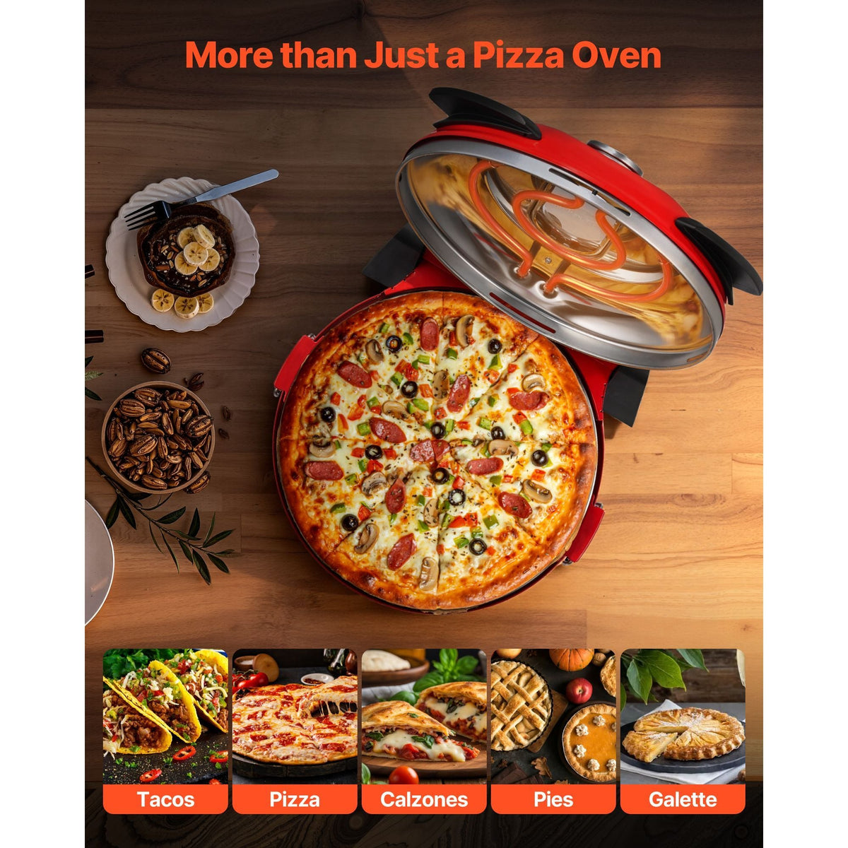 Pizza Oven, 12 in Electric Pizza Maker, 1200W Electric Pizzas Cooker with Cordierite Stone, 5-Mode Temperature Control, Viewing Window for Precise Cooking, Heats up to 788 ˚F, for Home (Red)